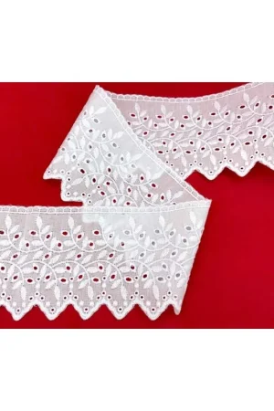 Offerta Speciale Passamaneria Pizzo Sangallo Bianco Ricamo Foglia Traforato Smerlato Alto 9 Cm