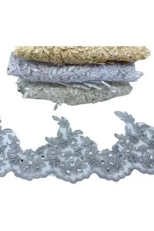 Offerta 50 Cm Passamaneria Organza Pizzo Rebrodè Smerlo Tondo Punta Sposa Fiore Perla Paillettes Alto 14 Cm