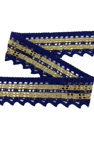 Ultimissimo Modello Passamaneria Merletto Cotone Tombolo Doppia Riga Oro Lurex Blu Alto 4 Cm
