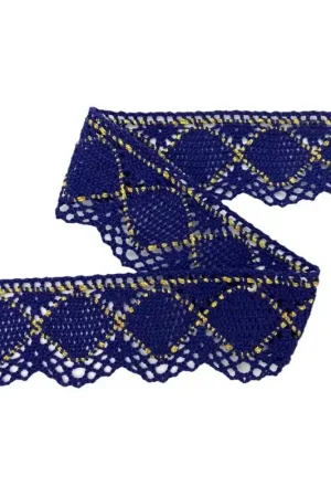 Passamaneria Merletto Cotone Disegno Rombo Oro Lurex Blu Alto 4 Cm Solo Oggi