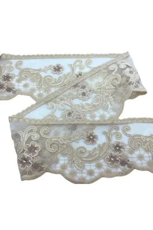 Passamaneria Pizzo Rebrodè Tulle Cotone Ecrù Rosa Antico Lavorato Rose Strass Alto 12 Cm Scelto Dai Clienti