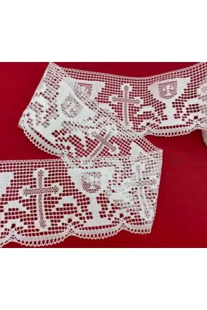 50 Cm Passamaneria Pizzo Bianco Merletto Puro Cotone Smerlato Sacro Calice Croce Alto 16,5 Cm Compra Oggi Stesso
