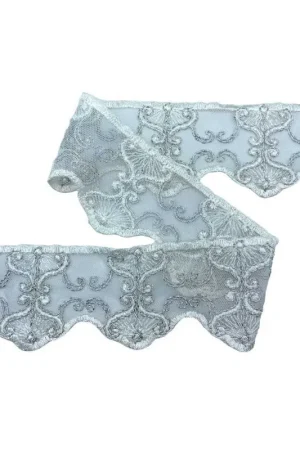 Ultimissimo Modello Passamaneria Tulle Pizzo Merletto Lurex Argento Smerlo Bianco Latte Alto 8 Cm