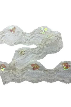 Nuova Collezione Pizzo Tulle Raschel Panna Ricamato Smerlato Paillettes Multicolor Sfaccettate Perlina Alto 4 Cm