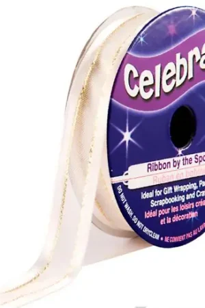 Promozione Esclusiva Organza su un rotolo - Organza con bordo in raso bianco e filo d'oro - 12 mm x 5 m - Celebrate