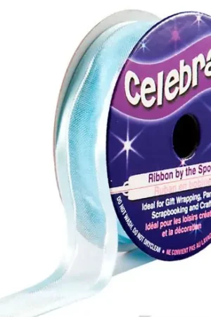 Spedito Oggi Organza su un rotolo - Organza con bordo in raso blu cielo con filo argento - 15 mm x 5 m - Celebrate