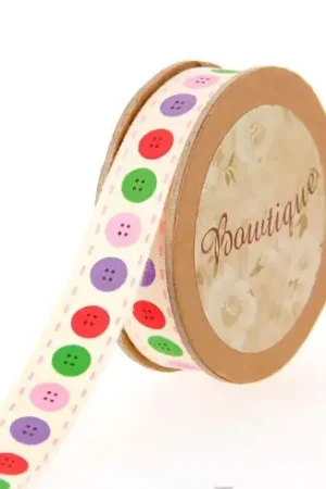Pagamento Sicuro Nastro di cotone su una bobina - Nastro di cotone ecru con bottoni multicolori - 15 mm x 5 m - Bowtique