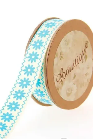 Occasione Imperdibile Nastro di cotone su una bobina - Nastro di cotone bianco sporco con fiori blu - 15 mm x 5 m - Bowtique