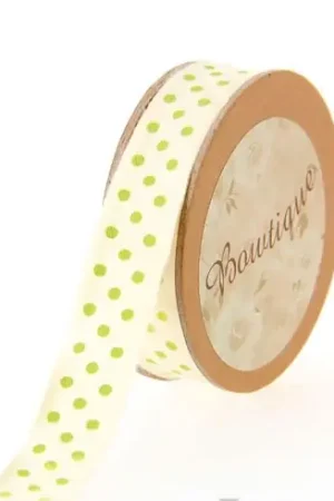 Quantità Limitata Nastro di cotone su una bobina - Nastro di cotone ecru con punti verdi - 15 mm x 5 m - Bowtique