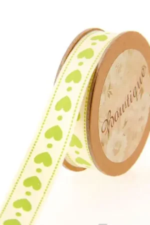 Vendita Finale Nastro di cotone su una bobina - Nastro di cotone stampato con cuori verdi - 15 mm x 5 m - Bowtique