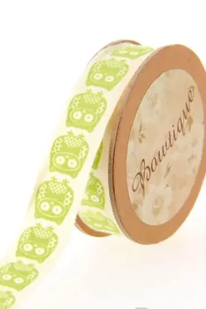 Nastro di cotone su una bobina - Nastro di cotone stampato gufo verde - 15 mm x 5 m - Bowtique Prezzo Di Fabbrica