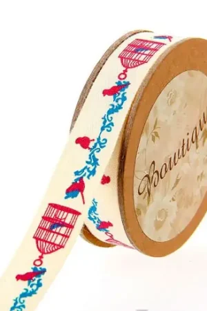 Promozione Esclusiva Nastro di cotone su una bobina - Nastro di cotone ecru con stampa a gabbia di uccelli - 15 mm x 5 m - Bowtique