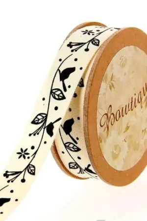 Prezzo Ridotto Nastro di cotone su una bobina - Nastro di cotone ecru con uccelli neri su ramo - 15 mm x 5 m - Bowtique