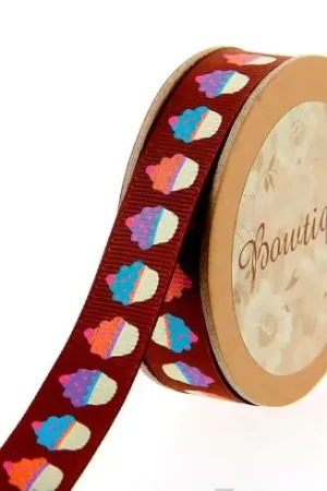 Bobina Grana grossa - Stampa cupcake marrone Gros Grain - 15 mm x 5 m - Bowtique Promozione