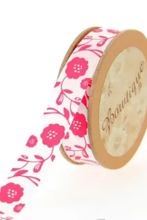 Promozione Esclusiva Raso su un rotolo - Raso bianco su due lati con fiori rosa - 15 mm x 5 m - Celebrate