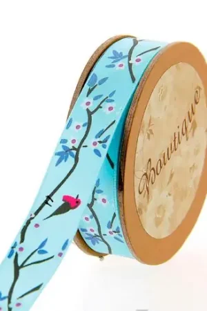 Direttamente Dal Produttore Raso su un rotolo - Raso bifacciale con fiori e uccelli - 15 mm x 5 m - Bowtique