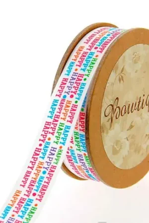 Raso su un rotolo - raso doppio bianco stampato felicemente - 15 mm x 5 m - Bowtique Occasione