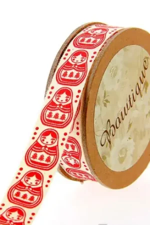 Nastro di cotone su una bobina - Nastro rosso di cotone stampato matriochka - 15 mm x 5 m - Bowtique Subito Disponibile