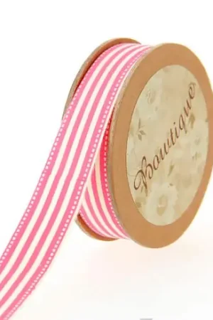 Spedito Oggi Nastro di cotone su una bobina - Nastro di cotone stampato a strisce rosa/bianco - 15 mm x 5 m - Celebrate