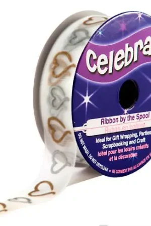 Organza su un rotolo - Organza bianca stampata con cuore in oro e argento - 15 mm x 3,5 m - Celebrate Occasione