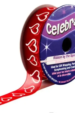 Organza su un rotolo - Organza rossa con cuore bianco stampato - 15 mm x 3,5 m - Celebrate Nuova Collezione