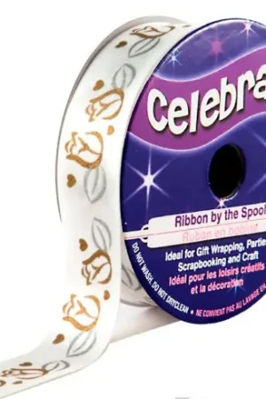 Raso su un rotolo - Raso bianco con stampa rosa oro e argento - 15 mm x 3,5 m - Celebrate Spedito Oggi