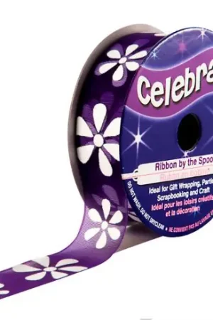 Prezzo Ridotto Organza su un rotolo - Organza viola con stampa di fiori bianchi - 15 mm x 3,5 m - Celebrate