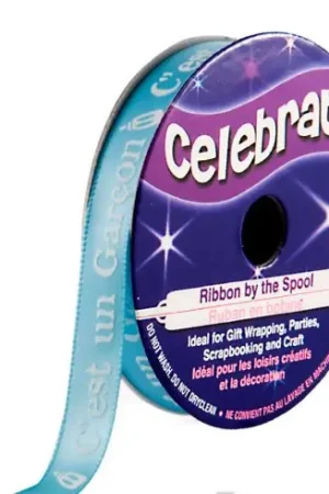 Novità Raso su un rotolo - Raso blu con stampa bianca "It's a boy" - 10 mm x 4 m - Celebrate