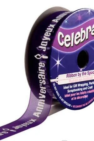 Organza su un rotolo - Purple printed white Happy Birthday Organza - 15 mm x 3. - Celebrate Offerta Speciale