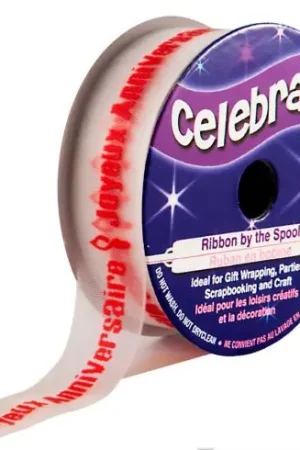 Organza su un rotolo - Organza bianca con stampa rossa Happy Birthday - 15 mm x 3,5 - Celebrate Compra Adesso