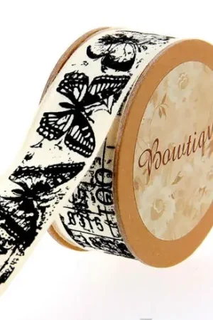 Promozione Nastro di cotone su una bobina - Nastro di cotone ecru con stampa di farfalle - 25 mm x 5 m - Bowtique
