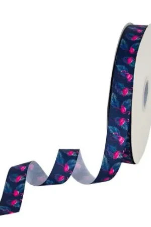 Spedito Oggi Nastro al metro - Nastro blu con fenicotteri rosa - Venduto al metro - LMC