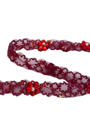 Super Prezzo 50 Cm Passamaneria Fiorellini Rosso Strass Ricamo Base Organza Paillettes Cucite Perlina Alto 1 Cm