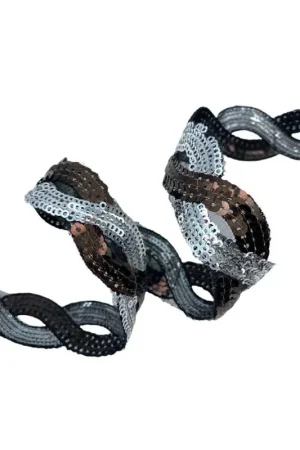 50 Cm Passamaneria Ricamo Infinito Bordo Micro Paillettes Argento Marrone Alto 2,5 Cm Ultima Occasione