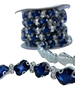 10 Cm Passamaneria Gioiello Strass Punto Luce Argento Pietra Blu Alta 15 Mm Prezzo Di Fabbrica