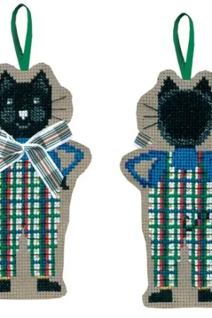Kit di ornamenti da ricamare - Bianco nodo tartan gatto - Le Bonheur des Dames Quantità Limitata