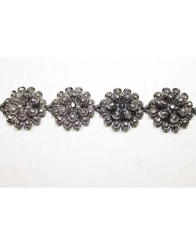 20 Cm Passamaneria Gioiello Strass Fiore Base Argento Scuro Alto 20 Mm Pagamento Sicuro