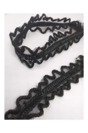 Prezzo Scontato 50 cm Passamaneria Bordo Nero con Paillettes e Perline su Base di Tulle in Lana - Alta 30 mm