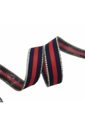 Promozione Esclusiva 50 Cm Nastro Termoadesivo Rasato Blu Rigato Rosso Strass Laterali Alto 2 Cm