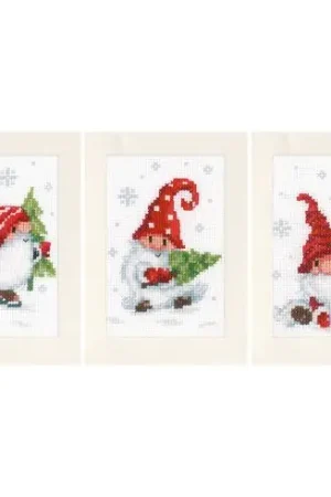 Kit bigliettini da ricamare - Gnomi di Natale nella neve - Vervaco Direttamente Dal Produttore