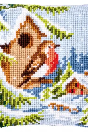 Kit per Ricamo a Punto Croce Cuscino - Pettirosso Invernale - Vervaco Esclusivo