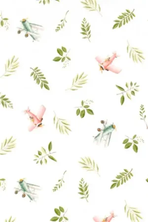 Tessuto in Cotone - Aereoplanini e Foglie Verdi Prezzo Basso