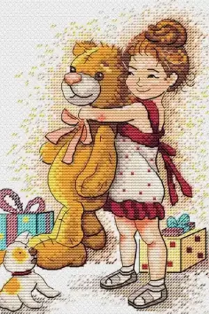 kit ricamo a punto croce - Una ragazza e l'orsacchiotto di peluche - MP Studia Offerta Speciale