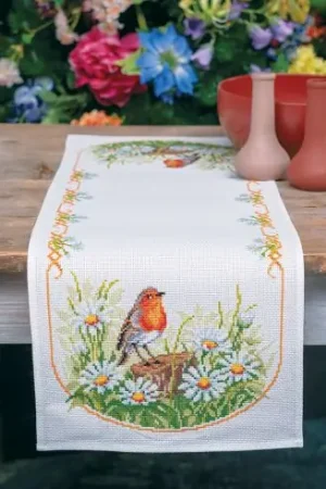 Kit runner da ricamare - Margherite e pettirossi - Vervaco Prezzo Ridotto