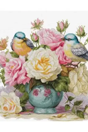 kit ricamo a punto croce - Vaso con rose e uccelli - Luca-S Prezzo Scontato