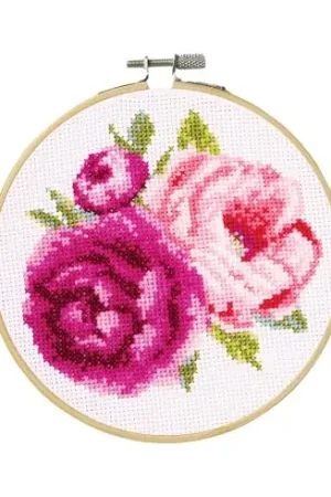 Kit per ricamo a punto croce con tamburo - Peonie rosa - DMC Prezzo Scontato