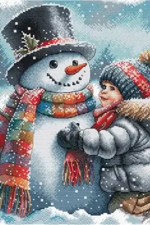 kit ricamo a punto croce - Un bambino e il suo amico della neve - Ava Affare