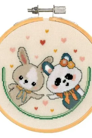 Kit per ricamo a punto croce con tamburo - Panda e coniglio - Vervaco Economico