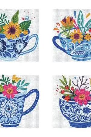 Solo Oggi Kit ricamo diamante - 4 disegni di “tazze di fiori - Diamond Dotz